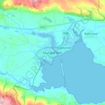 Topografisk karta Dungarvan, höjd, relief