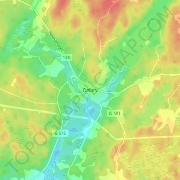 Topografisk karta Delary, höjd, relief