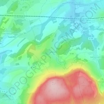 Topografisk karta Courbenans, höjd, relief