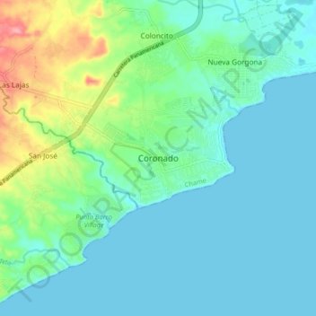 Topografisk karta Coronado, höjd, relief