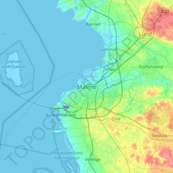 Topografisk karta Malmö, höjd, relief