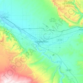 Topografisk karta Grand Junction, höjd, relief