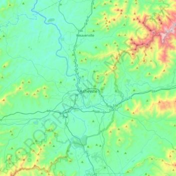 Topografisk karta Asheville, höjd, relief