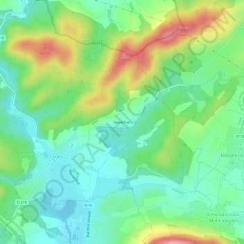 Topografisk karta Genéchier, höjd, relief