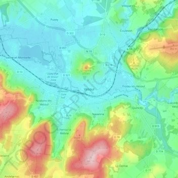 Topografisk karta Vesoul, höjd, relief