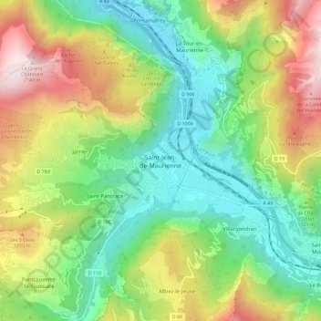 Topografisk karta Saint-Jean-de-Maurienne, höjd, relief