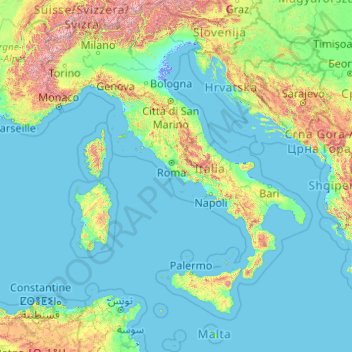 Topografisk karta Italien, höjd, relief