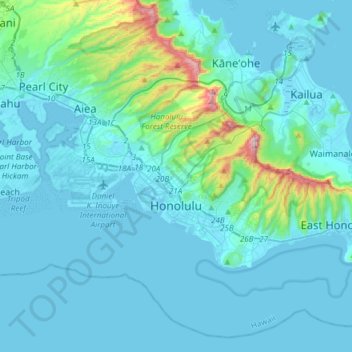 Topografisk karta Honolulu, höjd, relief